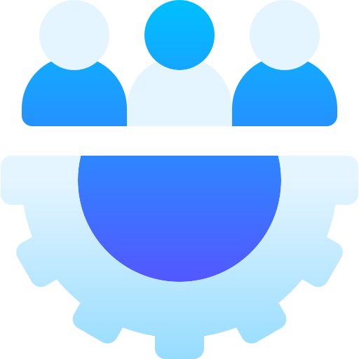 Icon of a gear with three people above it