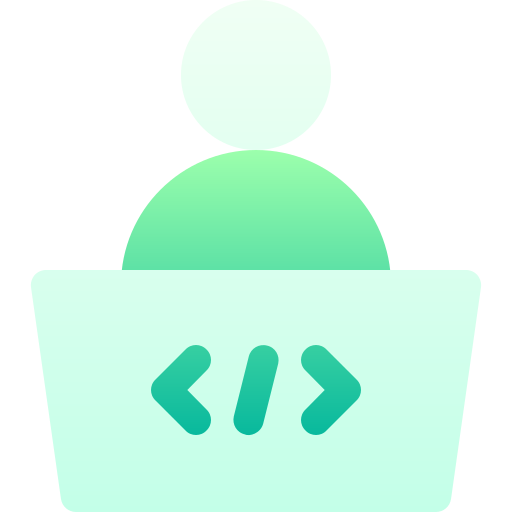 Icon of a person behind a laptop with a code symbol