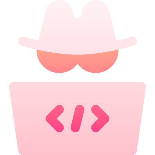 Icon of person wearing hat and sunglasses coding on a laptop